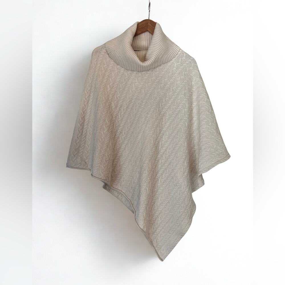 Ply Cashmere Cream Cable Knit Poncho - Turtleneck Sweater - One Size Fits Most